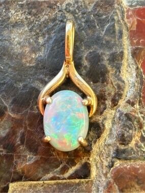 9K Gold Genuine Opal Pendant Necklace • Vintage Dainty Fine Luxury Jewelry Gift